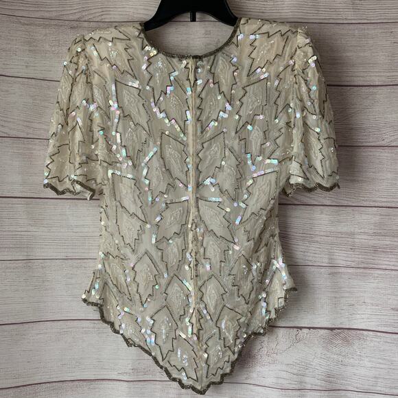 Vintage Lawrence Kazar White Evening Top Formal Beaded Sequin Blouse Size Medium - Picture 5 of 16